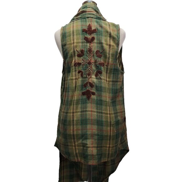 Kyla Seo Green Plaid Embroidered Open Front Sleeveless Cardigan Small EUC - Picture 1 of 13
